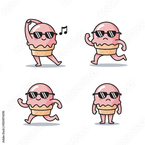 Cartoon donut characters dancing and wearing sunglasses in various poses with cool attitude