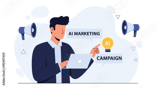 AI Marketing Campaign Strategy with Man, Laptop, Megaphones and Lightbulb Idea
