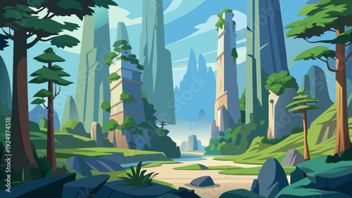 A view of Zhangjiajie National Forest Park showing tall natural rock pillars rising from forest terrain open natural environment clean minimal vector illustration flat design