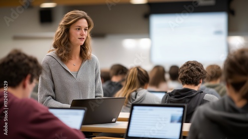 Vibrant university lecture hall buzzing with students learning about databases, highlighting the relevance of data management in contemporary education. Bright, inviting space with engaged