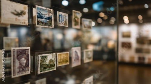 Rare commemorative stamps highlighting historical events or figures, ideal for collectors and history buffs. Stamps arranged in a dynamic grid layout, dim lighting casting soft shadows adding a