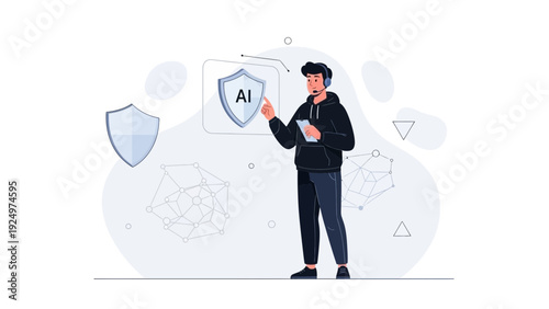 AI Security Concept: Person interacting with AI shield and network nodes