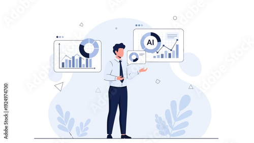Business Analyst Presenting AI Data Analytics with Charts and Graphs
