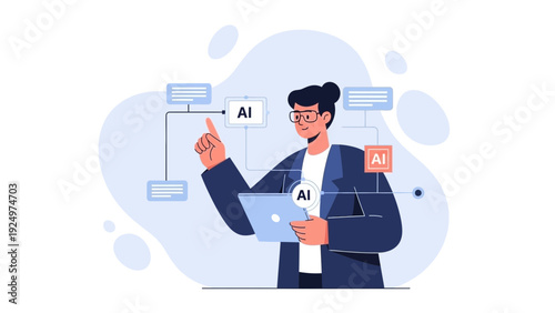 Artificial Intelligence Business Woman Analyzing Data Flow and AI Network