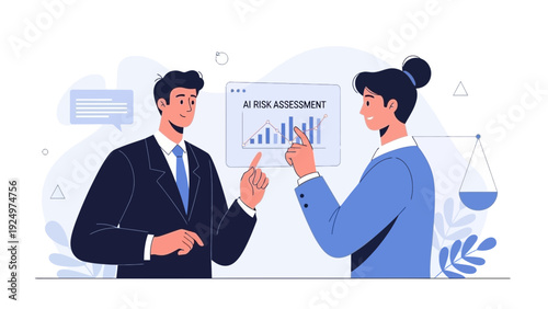 Business meeting discussing AI risk assessment graph on screen