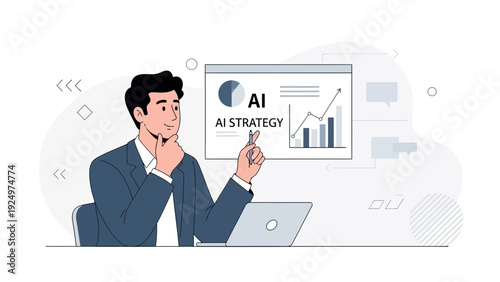 Businessman analyzes AI strategy with chart, graph, and laptop