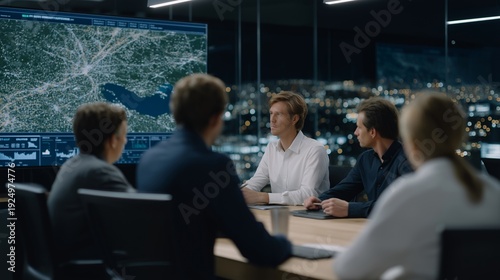 Robust supply chain network visualization displayed on a large screen in a high-tech command center. Darkened room filled with illuminated maps and real-time analytics, team members engaged in