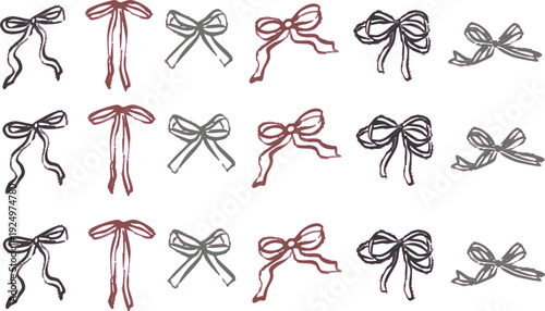 Crayon bows set. Coquette style ribbons and bows striped and plaid, aesthetic vintage elegant cliparts. Hand drawn pencil art decor, bowknots for girly, birthday, gift, wedding. Vector illustration