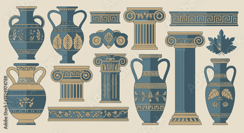Set of 13 ancient Greek architecture and vase icons vector