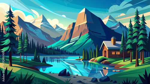 A peaceful view of Banff National Park surrounded by mountains forests and open natural terrain clean minimal vector illustration flat design calm wilderness atmosphere