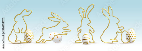 Set of 3d metallic golden rabbit silhouettes and colorful Easter eggs on blue background.  Vector illustration