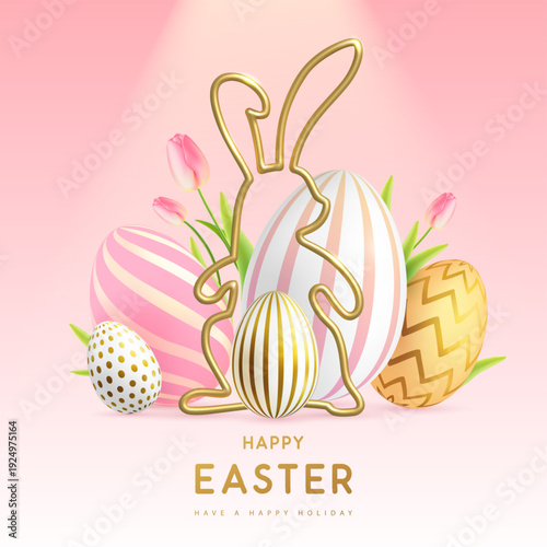 Happy Easter background with colorful easter eggs, golden rabbit silhouette and tulips. Holiday greeting card or poster. Vector illustration