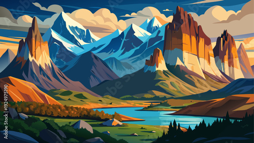 A view of Torres del Paine National Park featuring dramatic mountain formations surrounded by open wilderness clean minimal vector illustration flat design peaceful natural environment