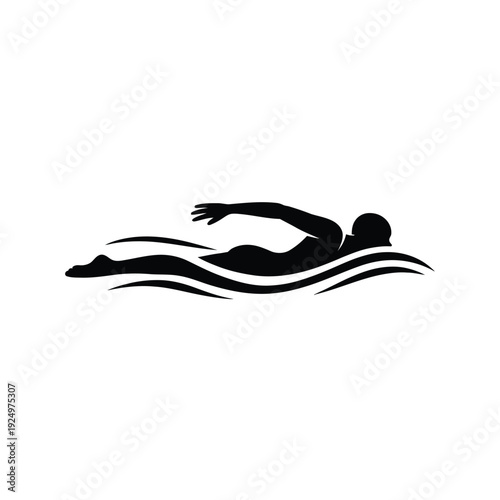 A sleek silhouette of a swimmer gliding through calm waters with graceful strokes isolated on white background, Vector, illustration