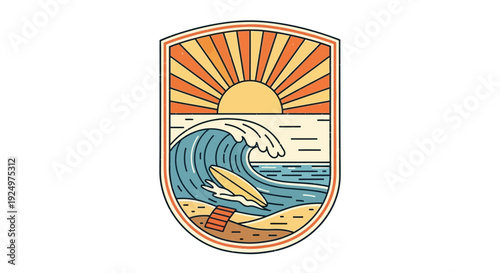 Vector surf crest badge with sun and wave