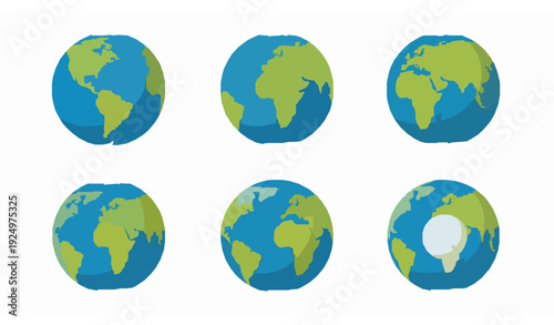 Vector Earth globes set with hemispheres and world maps on white background for icons and education