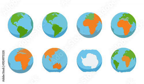 Flat vector Earth icons set showing globes with continents and world map views on white background