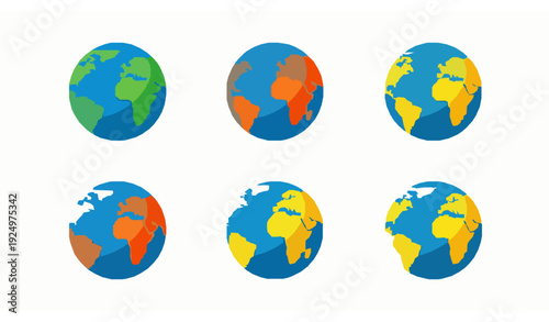 Modern vector Earth globes set with hemispheres and continent maps on white background for icons