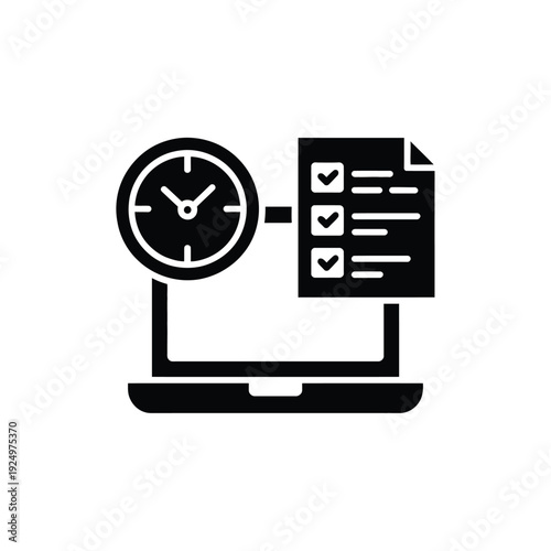 Clock and checklist on a laptop symbolizing time management and productivity isolated on white background, Vector, illustration