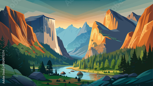 A view of Yosemite Valley surrounded by tall granite cliffs open natural terrain clean minimal vector illustration flat design calm natural landscape