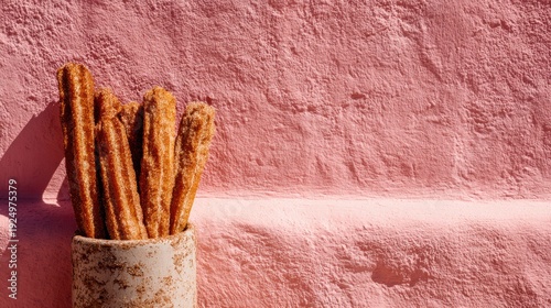 Churros Display: A rustic display of golden churros, artfully presented against a warm, textured wall. The scene evokes a sense of delicious simplicity.