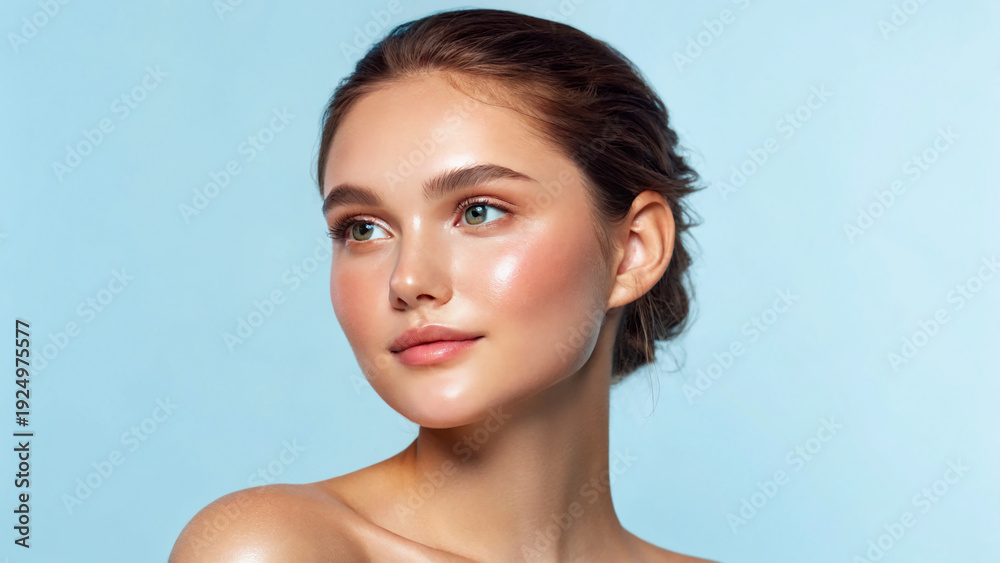 Fototapeta premium Young woman with clear skin poses against a light blue background while showing a soft expression and looking to the side in a studio setting