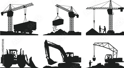 Construction machinery silhouettes set, tower cranes, excavator, bulldozer and workers, heavy equipment at building site, industrial engineering vector illustration collection isolated on white