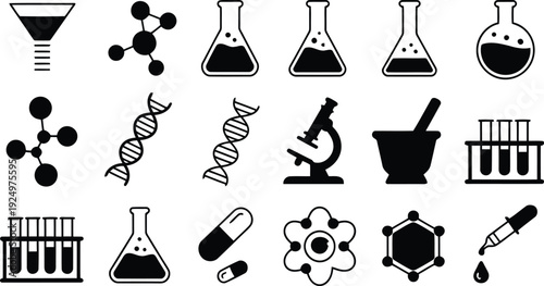 Modern black icons representing essential scientific laboratory apparatus, molecular structures, and genetic elements on white surface