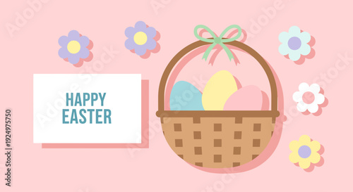 Colorful Easter eggs in wicker basket with flowers on pink background for Happy Easter greeting