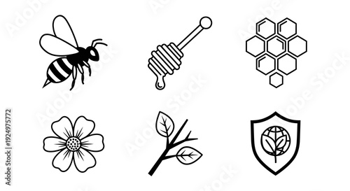 A set of simple graphics depicting a bee, honey dipper, honeycomb, flower, twig, and shield with a bee theme in black line art