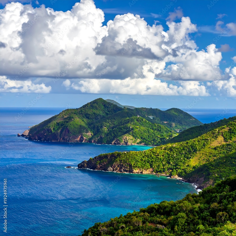 Obraz premium A serene tropical island with lush green mountains and clear blue waters