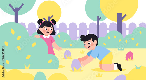 Children playing Easter Egg Hunt together in a garden surrounded by trees and flowers, viewed from a distance
