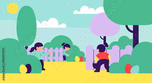 Children Easter Egg Hunt in a vibrant garden scene with trees and a white picket fence under a bright blue sky