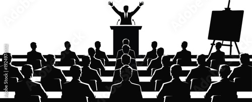 Silhouette of a public speaker on a podium addressing an attentive audience in a large room