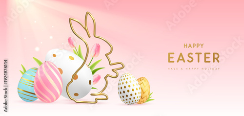 Happy Easter background with colorful easter eggs, golden rabbit silhouette and tulips. Holiday greeting card or poster. Vector illustration