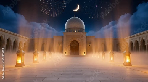 Serene mosque courtyard at night with crescent moon and lanterns