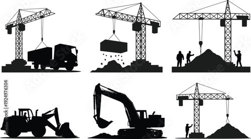 Tower crane and excavator silhouettes set, construction site machinery, heavy equipment lifting materials, industrial engineering and building industry vector illustration collection isolated