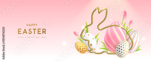 Happy Easter background with colorful easter eggs, golden rabbit silhouette and tulips. Holiday greeting card or poster. Vector illustration