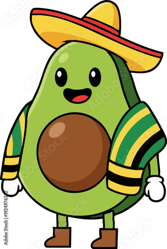 Cute Cartoon Avocado Character Wearing Sombrero and Poncho