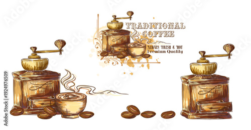 Coffee hand draw illustration with coffee cup, mill, beans and coffee branch elements. Vector decorations.	