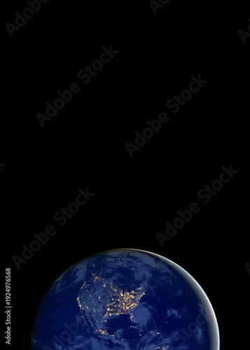 Earth at night view of North America city lights with copy space on vertical black background. Elements of this image furnished by NASA.