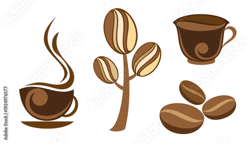 Coffee decoration elements. Coffee cup and grains