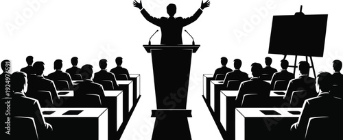 Speaker raising arms on a podium addressing an assembled audience during a formal presentation