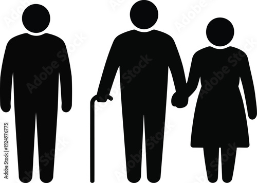 Three black silhouette people icons showing one younger man and an elderly couple with a walking cane