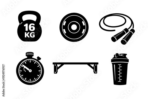 Fitness and workout equipment flat icons set providing tools for strength training