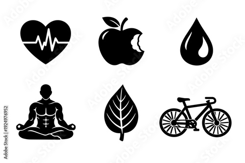 Health and wellness flat icons set representing a balanced and active lifestyle