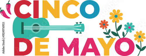 Cinco de Mayo Festive Celebration Design with Guitar and Flowers
