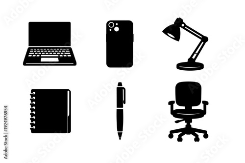 Remote work and home office desk essential elements icon set