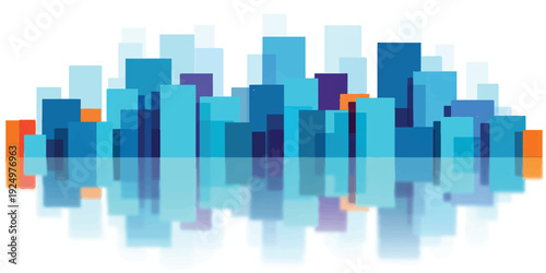 A vibrant 3d vector illustration of an urban city skyline with a rainbow arching over blue skyscrapers and downtown architecture in a clean square design