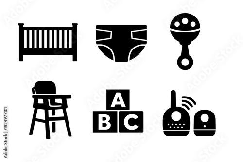 Baby care essentials set. Nursery items with crib, diaper, and monitor silhouette design